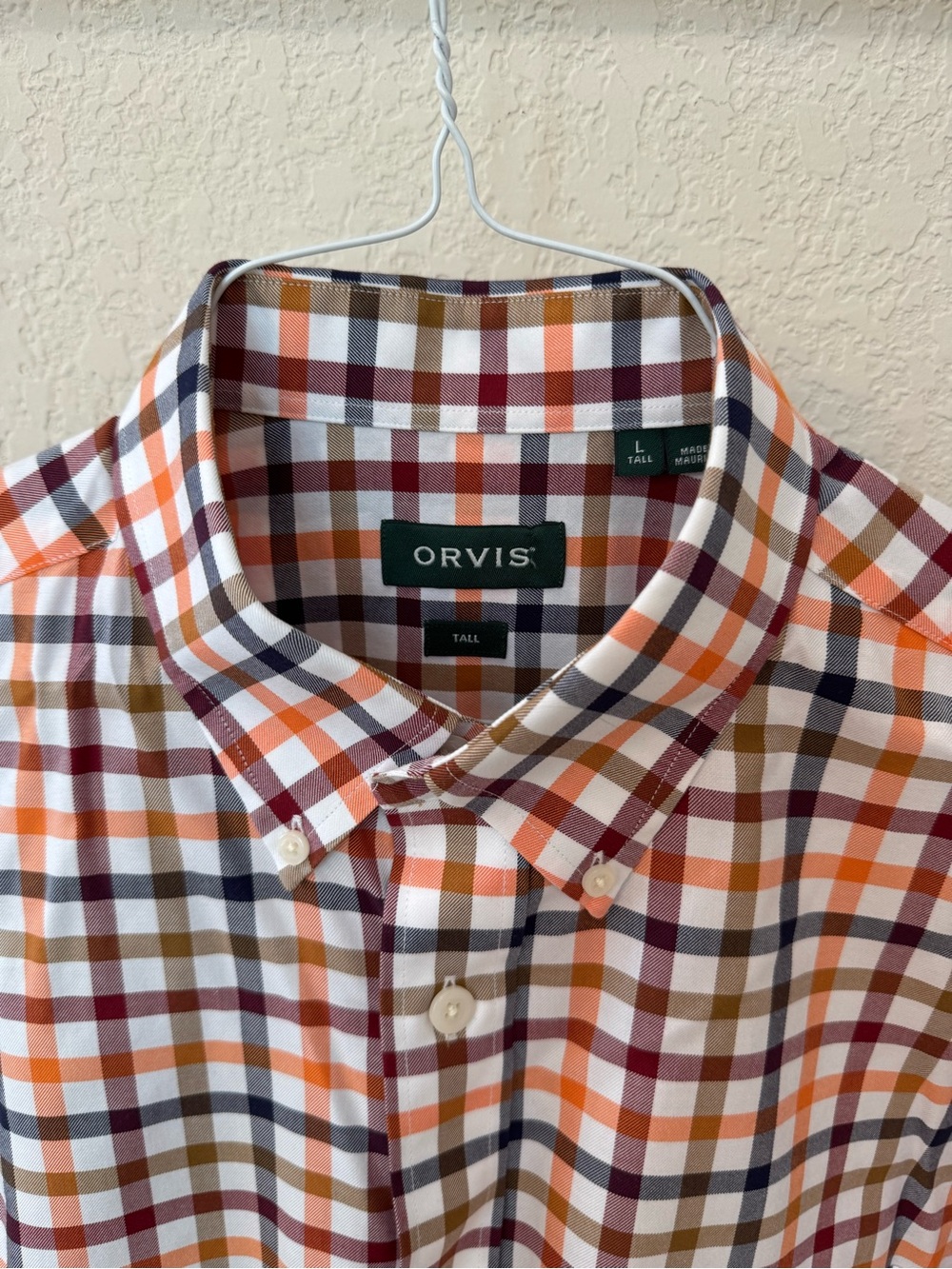 Orvis Men’s Orange Plaid Button-Down Shirt. Size LT.